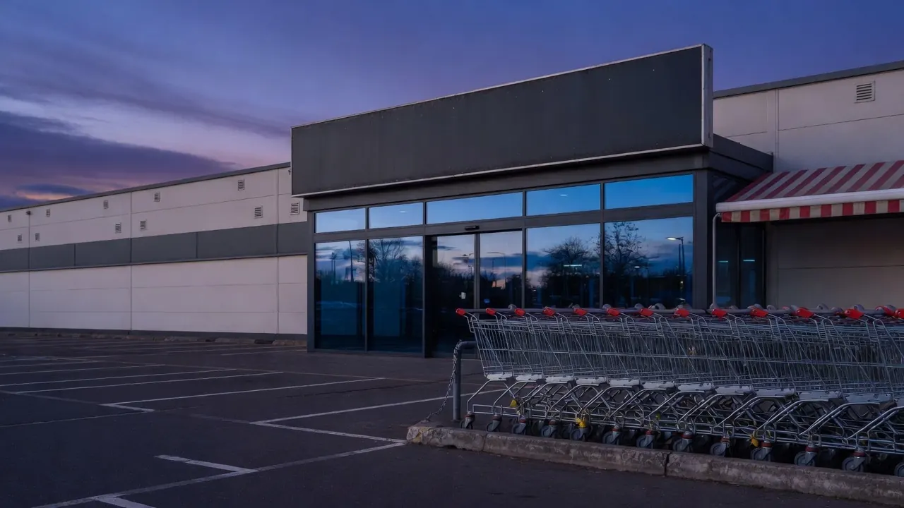 Geschlossener Supermarkt-Eingang am Abend, zugeschobene Glastüren und angekettete Einkaufswagen auf einem leeren Parkplatz